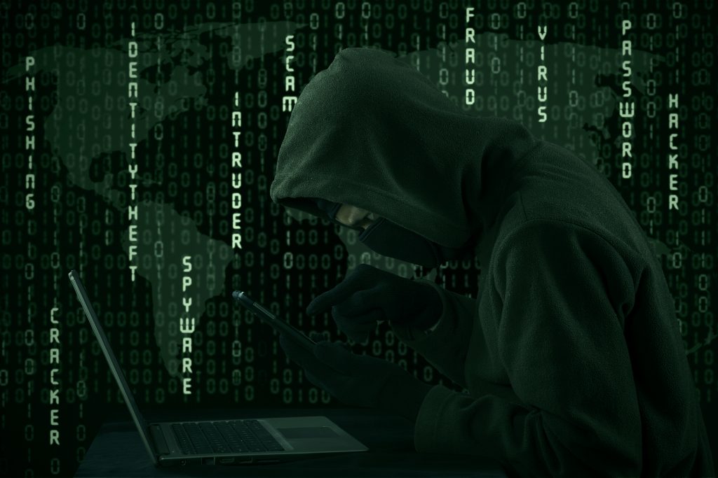 Computer network hacker with data stream background